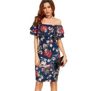SHEIN Summer Dress 2017 Clothes Women Short Sleeve Multicolor Floral Print Off The Shoulder Ruffle Sheath Dress