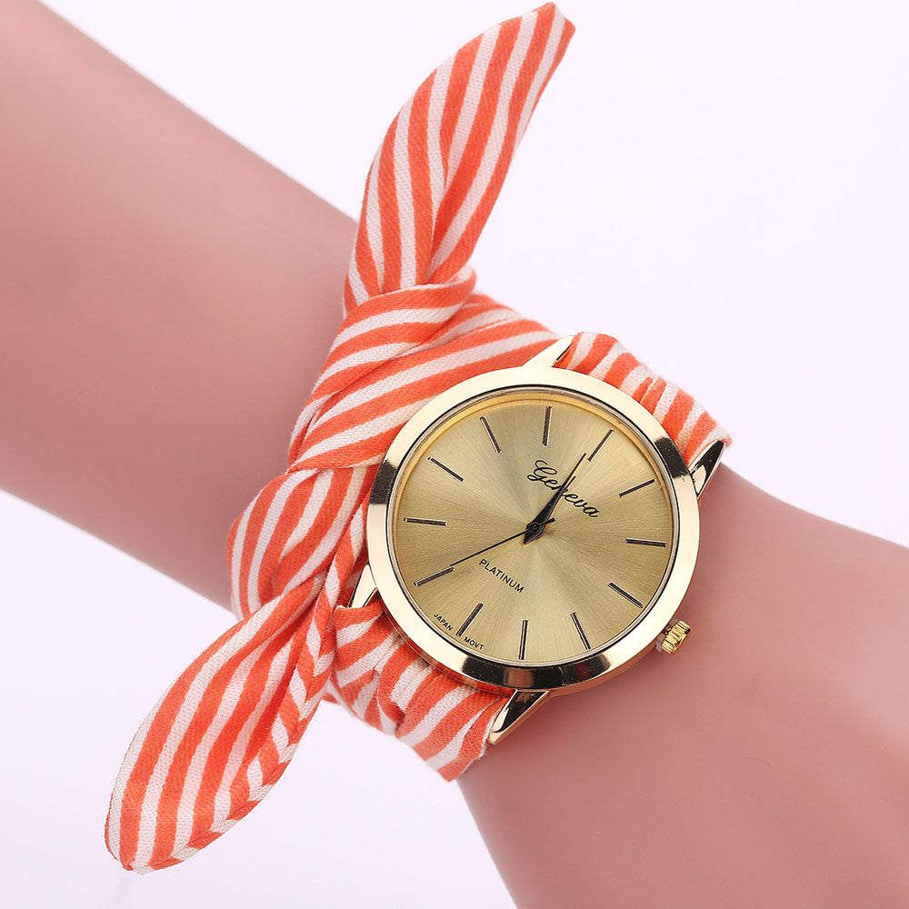 Women Stripe Floral Cloth Quartz Dial Bracelet Wristwatch Watch
