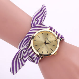 Women Stripe Floral Cloth Quartz Dial Bracelet Wristwatch Watch