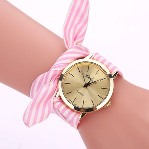 Women Stripe Floral Cloth Quartz Dial Bracelet Wristwatch Watch