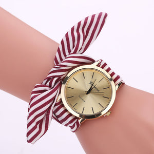 Women Stripe Floral Cloth Quartz Dial Bracelet Wristwatch Watch