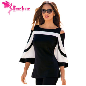 DearLover Women Blouse Black White Colorblock Bell Sleeve Cold Shoulder Top Mujer Camisa Feminina Office Ladies Clothes LC250605