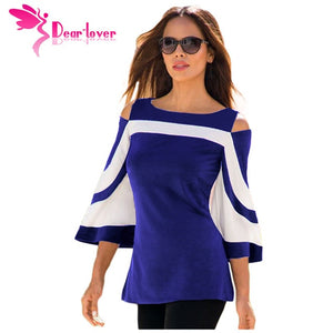 DearLover Women Blouse Black White Colorblock Bell Sleeve Cold Shoulder Top Mujer Camisa Feminina Office Ladies Clothes LC250605
