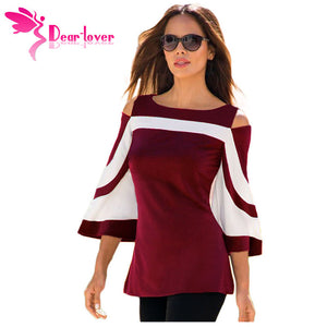 DearLover Women Blouse Black White Colorblock Bell Sleeve Cold Shoulder Top Mujer Camisa Feminina Office Ladies Clothes LC250605