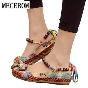 2018 New fashion Women Ethnic Lace Up Beading Round Toe Comfortable Flats Colorful Loafers casual embroidered cotton shoes 7013W