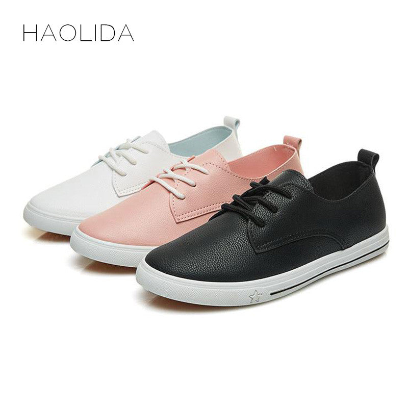 2018 Spring Summer New Leather Women Shoe Casual Leather Shoes For Women Flat Shoes White Ladies Lacing Loafers Zapatos Mujer