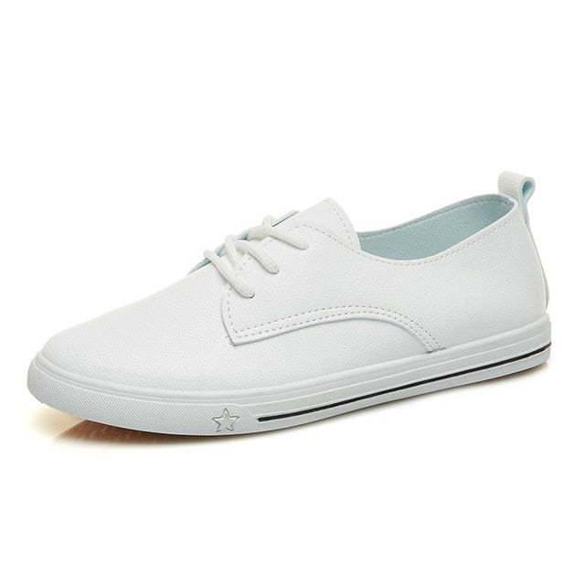 2018 Spring Summer New Leather Women Shoe Casual Leather Shoes For Women Flat Shoes White Ladies Lacing Loafers Zapatos Mujer