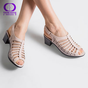 AIMEIGAO 2018 Buckle Strap Women Gladiator Sandals Peep Toe Summer Shoes Thick Heels Women Sandals Soft Leather Big Size Shoes
