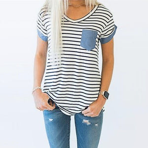 Fashion Women Ladies Short Sleeve Striped Patchwork Blouse Tops Clothes T Shirt