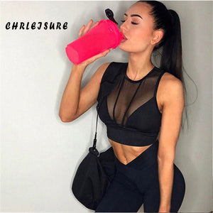 CHRLEISURE Mesh Women Tops Cotton Solid Short Crop Clothes Patchwork Elasticity Sexy Perspective Fitness Tops For Female