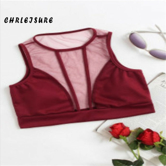 CHRLEISURE Mesh Women Tops Cotton Solid Short Crop Clothes Patchwork Elasticity Sexy Perspective Fitness Tops For Female