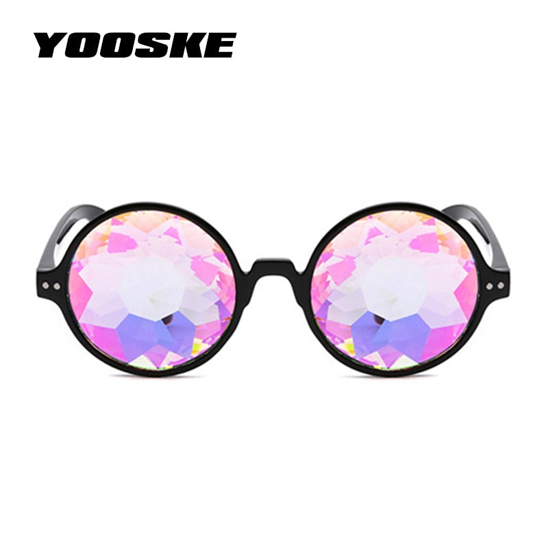YOOSKE Round Kaleidoscope Glasses Women Retro rave festival Colorful Party holographic Sunglasses Catwalk Show Holograp Glasses