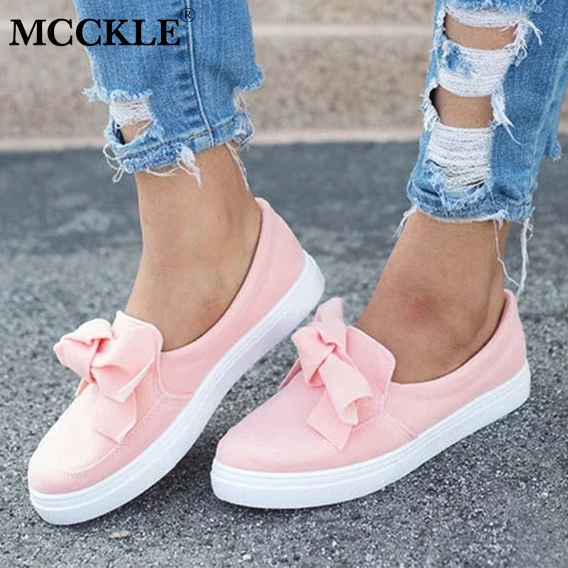 MCCKLE Women Loafers Plus Size Platform Slip On Bowtie Flat Shoes Sewing Casual Bowknot Shoe For Female Flock Moccasins Footwear