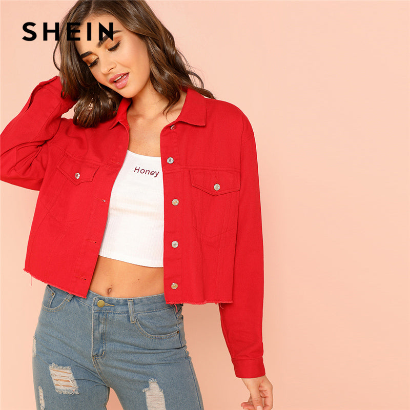 SHEIN Red Solid Pocket Front Button Up Jacket Cotton Casual Plain Long Sleeve Single Button Coat Clothes Autumn Women Jacket