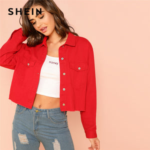 SHEIN Red Solid Pocket Front Button Up Jacket Cotton Casual Plain Long Sleeve Single Button Coat Clothes Autumn Women Jacket