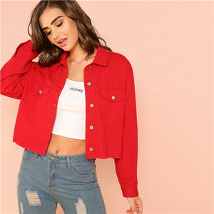 SHEIN Red Solid Pocket Front Button Up Jacket Cotton Casual Plain Long Sleeve Single Button Coat Clothes Autumn Women Jacket