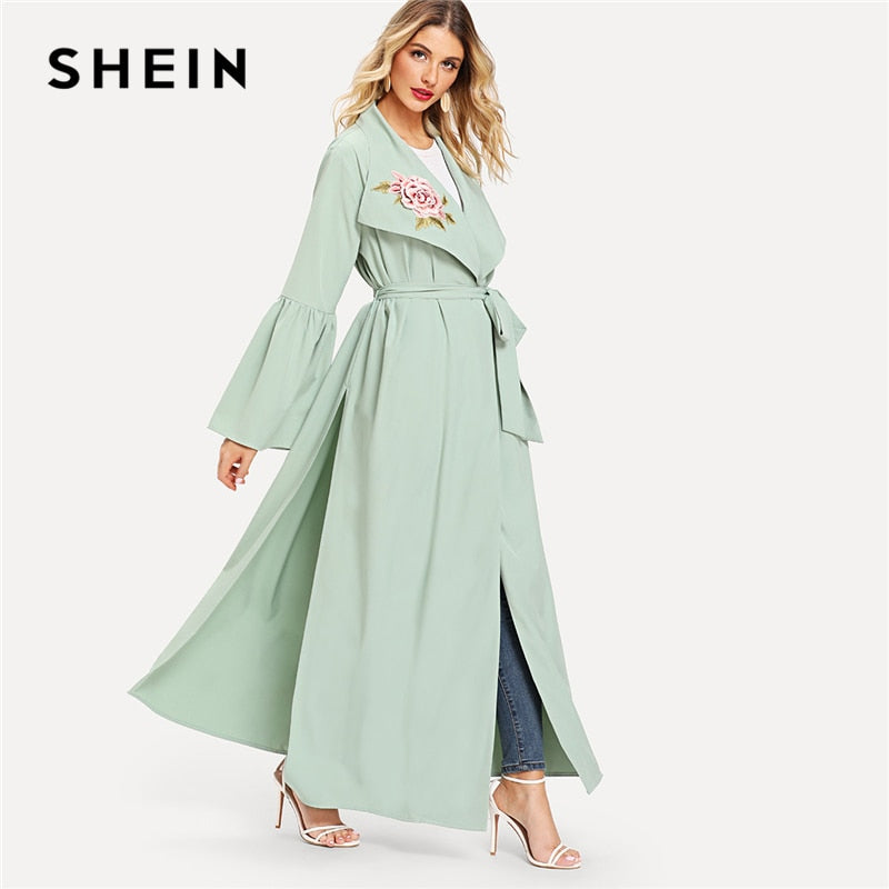 SHEIN Green Floral Embroidered Flounce Sleeve Belted Waterfall Abaya Elegant Appliques Knot Long Sleeve Women Autumn Clothes