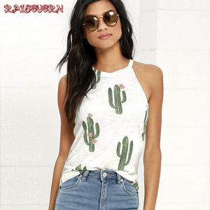 RAISEVERN Women Ladies Cactus Printed Sleeveless Halter Camis Tank Tops Loose Tee Camisole Female Femme Vest Sexy Summer Clothes