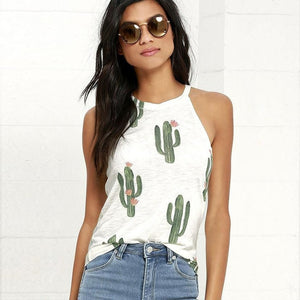 RAISEVERN Women Ladies Cactus Printed Sleeveless Halter Camis Tank Tops Loose Tee Camisole Female Femme Vest Sexy Summer Clothes