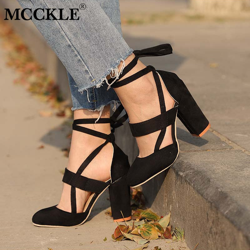 MCCKLE Female Fashion Ankle Strap Two Piece Black Chunky Heel High Heels 2018 Women's Comfortable Pumps Ladies Plus Size Shoes