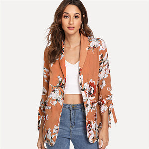 SHEIN Khaki Drawstring Sleeve Floral Print Coat Office Ladies Long Sleeve Waterfall Outerwear Women Autumn Workwear Clothes