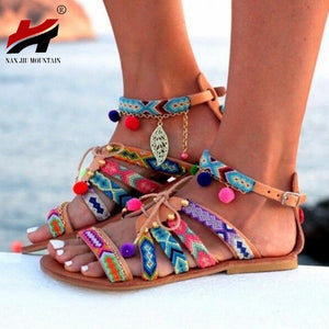 NAN JIU MOUNTAIN Plus Size 34-43 Ethnic Bohemian Summer Women Sandals Gladiator Roman Strappy Embroidered Shoes Woman Flat Shoes