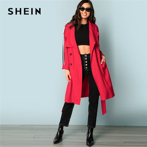 SHEIN Red Elegant Highstreet Flap Front Belted Trench Long Double Breasted Coat 2018 Autumn Minimalist Women Outwear Clothes