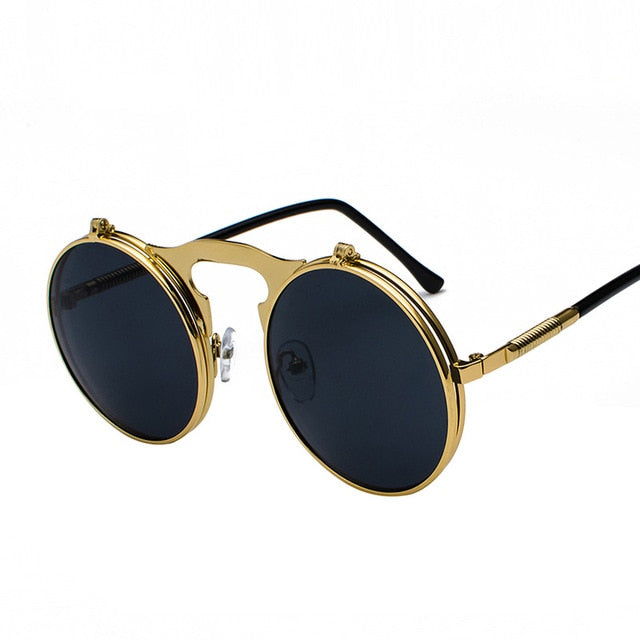 2018 Retro Metal Steampunk Flip Sunglasses Flip Sunglasses Men's and Women's Fashionable Glasses Round Frame Glasses