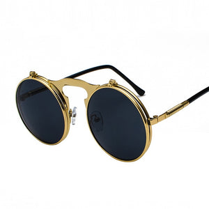 2018 Retro Metal Steampunk Flip Sunglasses Flip Sunglasses Men's and Women's Fashionable Glasses Round Frame Glasses