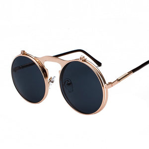 2018 Retro Metal Steampunk Flip Sunglasses Flip Sunglasses Men's and Women's Fashionable Glasses Round Frame Glasses