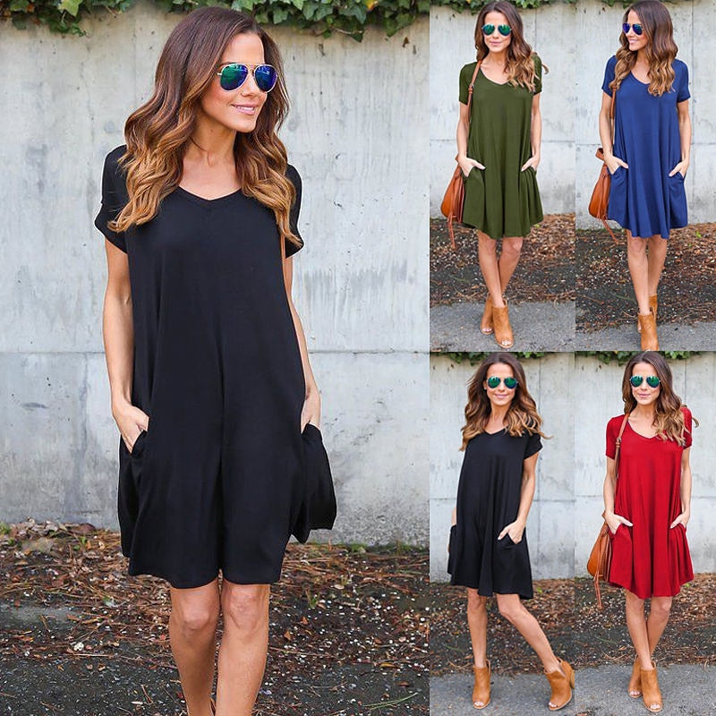 Fashion Summer Women ShortSleeve Dress Casual Sexy V-Neck Elegant Mini Dresses Clothes 2018