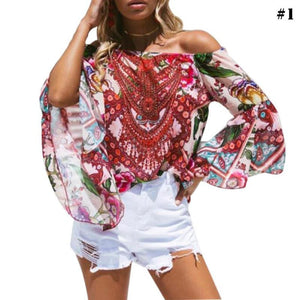 Women Sexy Off Shoulder Flare Sleeve Print Blouse Tops Colorful Clothes T Shirt