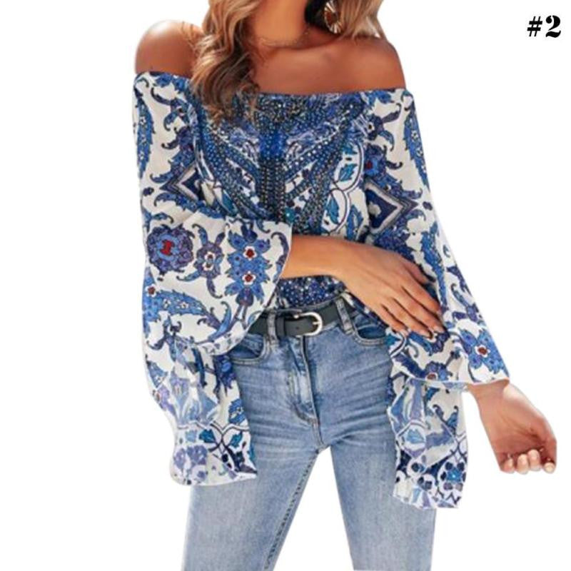 Women Sexy Off Shoulder Flare Sleeve Print Blouse Tops Colorful Clothes T Shirt