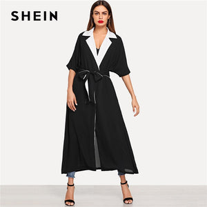 SHEIN Black Contrast Notch Collar Belted Abaya Elegant Long Sleeve Minimalist Clothes Women Autumn Modern Lady Trench Coats