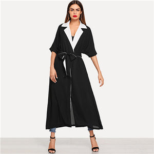 SHEIN Black Contrast Notch Collar Belted Abaya Elegant Long Sleeve Minimalist Clothes Women Autumn Modern Lady Trench Coats