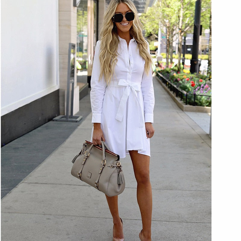 Women's White Bow Tie Button Mini Shirt Dress Solid Full Sleeve Turn Down Collar Cargo Dresses 2018 Summer Autumn Female Clothes