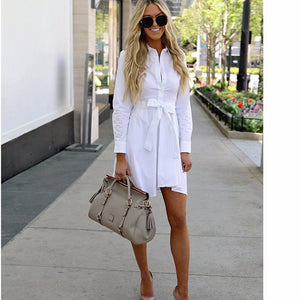 Women's White Bow Tie Button Mini Shirt Dress Solid Full Sleeve Turn Down Collar Cargo Dresses 2018 Summer Autumn Female Clothes
