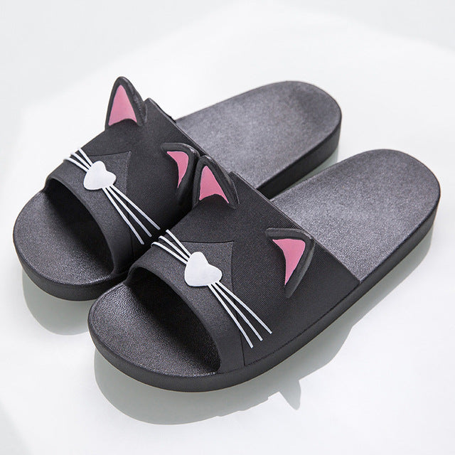 Lovely Shoes Women Slippers Cartoon Cat Summer Indoor Family Bathroom Slippers Lovers Slides Flip Flops Flat Shoes